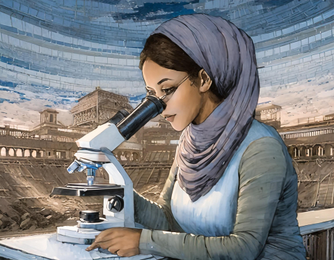 Firefly Dark skinned refugee woman with headscarf looking through microscope at Hashemite University 